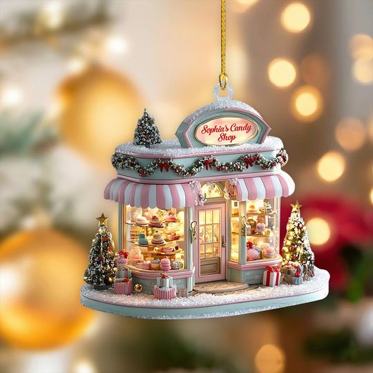 Discover Personalized Sweet Shop Christmas Ornament, Custom Name Candy Store Ornament, 2D Flat Acrylic Decoration, Unique Xmas Gift for Bakery Lovers
