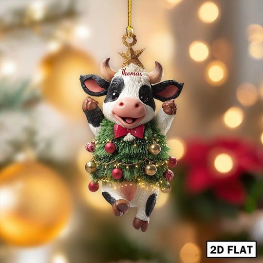 Discover Cute Cow Christmas Ornament, Personalized 2D Flat Farm Animal Decor, Custom Name Holiday Tree Ornament for Kids, Funny Cow Farm Animal Gift