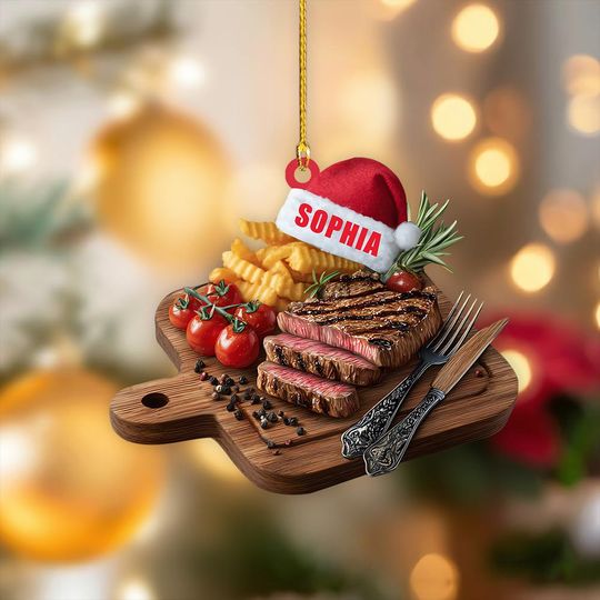 Discover Custom Name Beef Steak Christmas Ornament, Flat 2D Ornament, Foodie Christmas Gift, Meat Lover Holiday Decor, Gift for Him, Beef Steak Food
