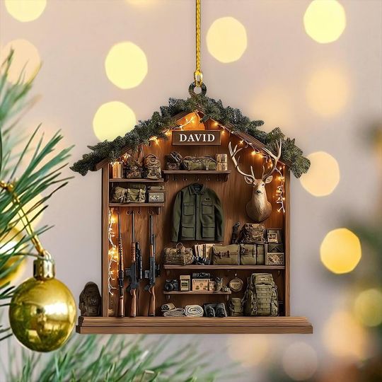 Discover Personalized 2D FLAT Acrylic Hunting Ornament, Custom Name Hunters Gear Room Scene, Hunting Christmas Ornament Gift, Hunter Xmas Gift