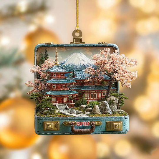 Discover Personalized Japanese Temple Ornament 2D Flat , Sakura Cherry Blossom Mt Fuji Decor , Japan Asian Christmas Travel, Mt Fuji Holiday Decor