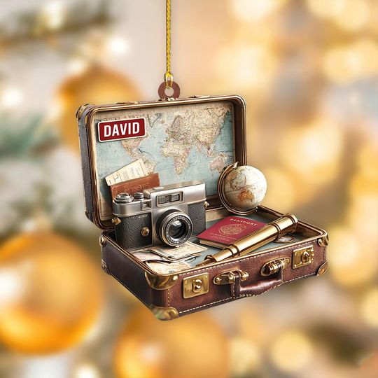 Discover Personalized Travel Ornament, Custom Suitcase 2D Flat Ornament, Traveler Gift, Vintage Camera Globe Decoration, Holiday Travel Keepsake