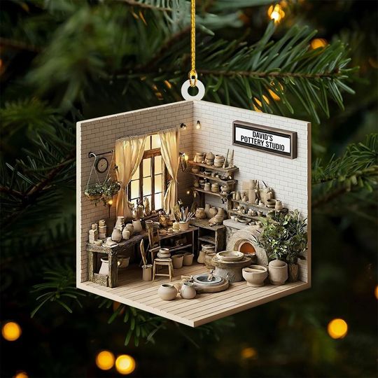 Discover Custom Pottery Studio 2D Flat Ornament, Ceramic Artist Gift, Clay Maker Christmas Decor, Personalized Pottery Shop Ornament, DIY Lover Gift