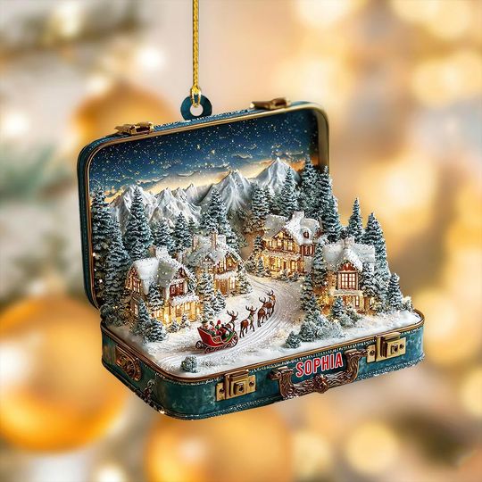Santa Sleigh Xmas Village Ornament, Custom Village Holiday Decor, Winter Cabin Scene Gift, Snowy Village Holiday Decor, Santa Reindeer Decor