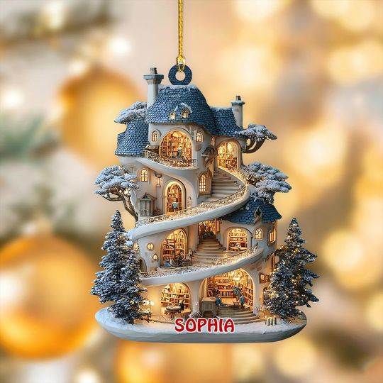 Discover Cozy Tree Library Ornament, Custom Library 2D Flat Xmas Decor, Book House Lover Gift, Cozy Fairy Home Xmas Decor, Cozy Tree House Decor