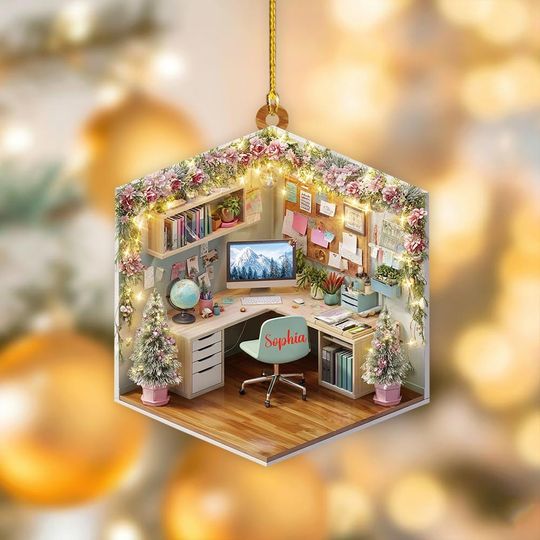 Discover Personalized Home Office Ornament, 2D Flat Workspace Christmas Decor, Custom Name Desk Ornament, Gift for Remote Work, Cozy Workroom Decor