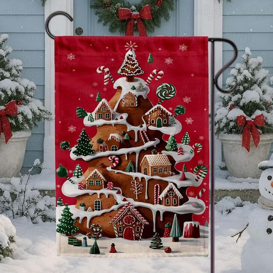 Discover Gingerbread Village Fantasy Flag, Sweet Gingerbread Tree Flag, Gingerbread Christmas Tree Garden Flag, Festive Candy Christmas Flag, MYK132