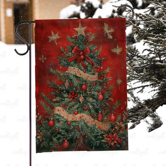 Discover Glowing Red Christmas Tree Garden Flag, Cheerful Holiday Tree Outdoor Flag, Snow Covered Xmas Tree Flag, Elegant Festive House Flag, MYI978