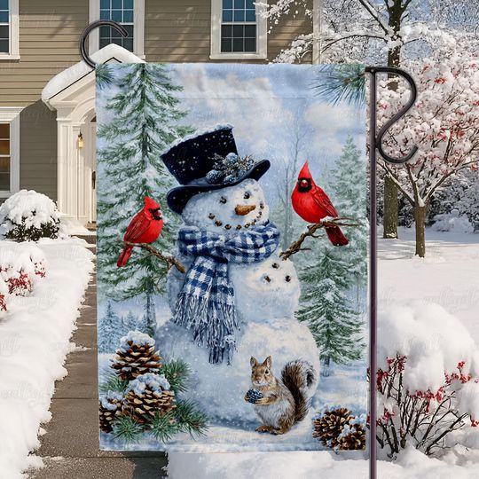 Discover Winter Snowman Cardinal Garden Flag, Holiday Wildlife Snowman Yard Flag, Winter Pinecone Squirrel Flag, Cozy Snowman Outdoor Flag, MYC954