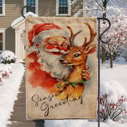 Discover Rustic Christmas Santa Reindeer Flag, Season Greeting Holiday Banner Flag, Retro Christmas Yard Flag, Nostalgic Holiday Garden Flag, MYC953