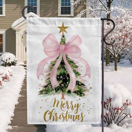 Discover Pink Ribbon Christmas Greeting Flag, Merry Christmas Garden Flag, Sparkly Christmas Tree Coquette Flag, Retro Ribbon Christmas Flag, MYK585