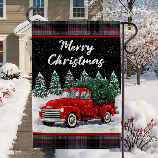 Discover Rustic Red Truck Christmas Flag, Merry Christmas Truck Decor Flag, Snowy Night Red Truck Garden Flag, Winter Merry Christmas Flag, MYC964