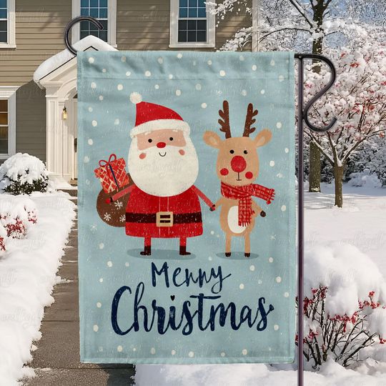 Discover Cute Santa Reindeer Christmas Flag, Merry Christmas Snowy Yard Flag, Cute Holiday Garden Flag Decor, Winter Wonderland Reindeer Flag, MYK587