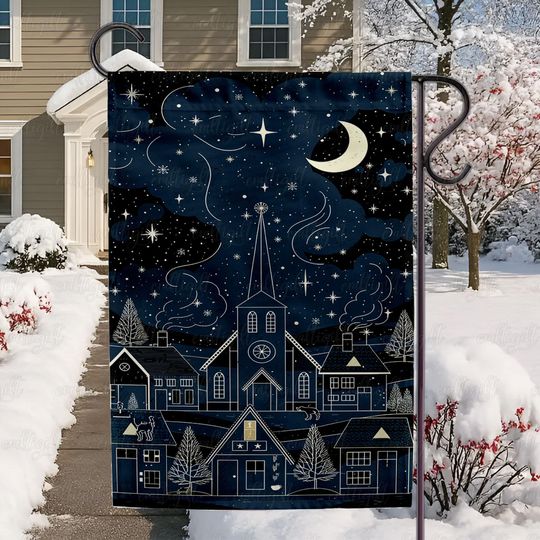 Discover Starry Night Christmas Town Flag, Snowy Winter Church Garden Flag, Retro Snowy Village Flag Decor, Rustic Winter Village Yard Flag, MYK609