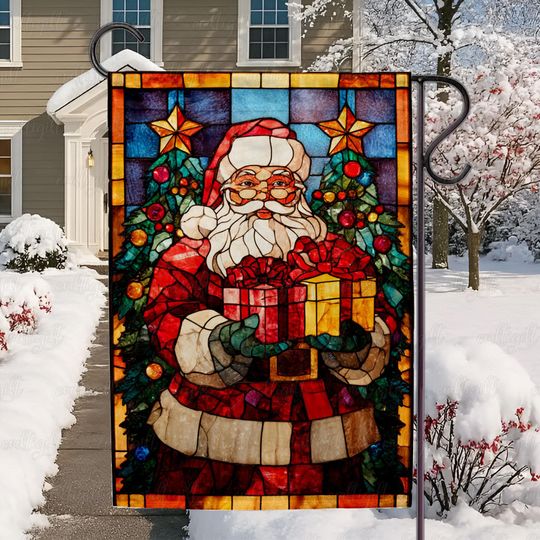 Retro Stained Glass Santa Claus Flag, Vintage Santa Claus Holiday Flag, Colorful Santa Christmas Flag, Tis The Season Garden Flag, MYC967