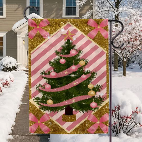 Discover Coquette Pink Christmas Tree Flag, Sparkly Holiday Tree Garden Flag, Gold Glitter Holiday Flag Decor, Nostalgia Merry Christmas Flag,MYC955