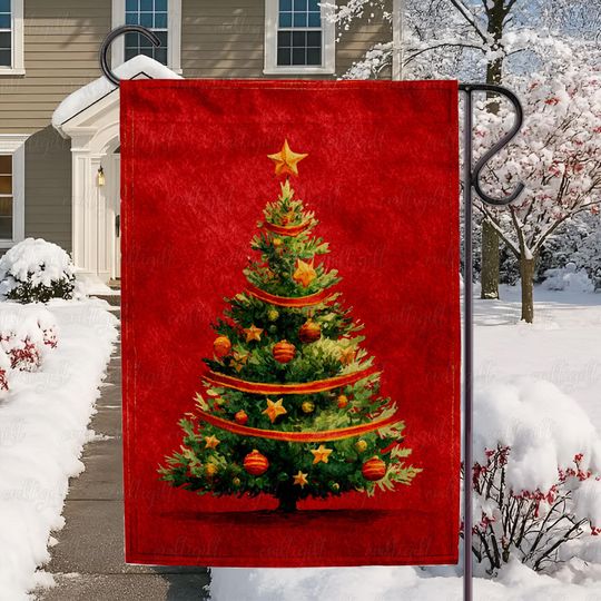 Discover Unique Red Holiday Christmas Tree Flag, Retro Golden Star Tree Flag, Elegant Holiday Tree Yard Flag, Nostalgia Merry Christmas Flag, MYC949