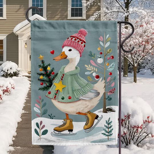 Discover Cute Skating Duck Christmas Flag, Winter Duck Ice Skating Yard Flag, Snowy Holiday Greeting Garden Flag, Christmas Gift Flag Decor, MYC962