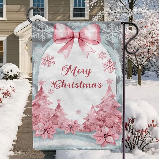 Discover Coquette Pink Christmas Tree Flag, Merry Christmas Pink Bow Flag, Poinsettia Tree Winter Yard Flag, Cute Holiday Greeting Garden Flag,MYC961