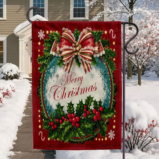 Discover Vintage Merry Christmas Winter Flag, Red Ribbon Christmas Coquette Flag, Retro Christmas Wreath Yard Flag, Christmas Flag With Bells,MYK610