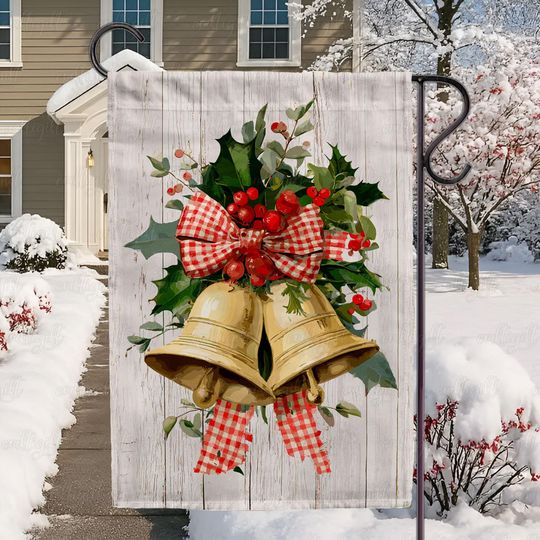 Discover Christmas Wreath Golden Bells Garden Flag, Rustic Holiday Wreath Flag, Retro Ribbon Christmas Flag, Merry Christmas Bells Decor Flag,MYK615