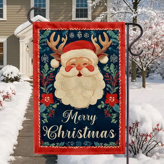 Discover Aesthetic Antler Santa Christmas Flag, Merry Christmas Reindeer Gift Flag, Santa Claus Antler Decor Flag, Santa Holiday Garden Flag, MYC950