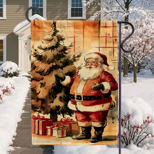 Discover Retro Santa Claus Christmas Tree Flag, Winter Holiday Tree Garden Flag, 90S Santa Reindeer Christmas Flag, Christmas Gift Flag Decor, MYC959