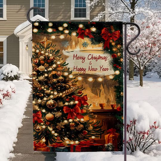 Vintage Merry Christmas Flag, Retro New Year Fireplace Flag, Christmas Tree Gift Flag, Winter Holiday Christmas Lights Garden Flag, MYC940