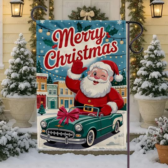 Discover Merry Christmas Santa Claus Flag, Vintage Funny Santa On Car Flag, Retro Cute Xmas Town Village Flag, Holiday Vibrant Outdoor Decor, MYB854