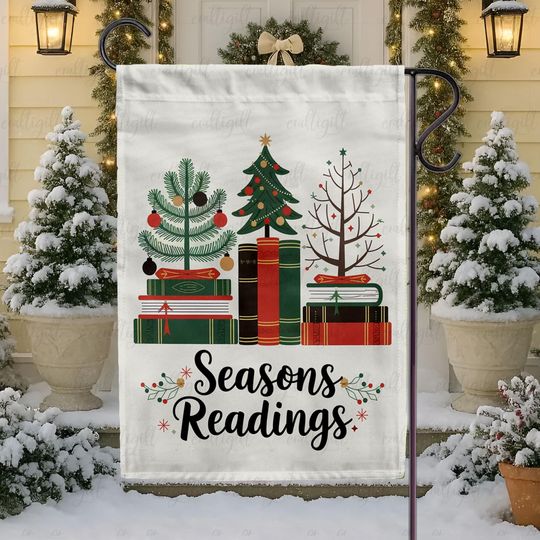 Seasons Readings Pinecone Flag, Bookish Reading Holiday Christmas Tree Flag, Book Worm Vibrant Flag, Reader Book Club Festive Gift Exchange