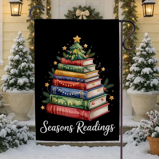 Seasons Readings Party Flag Decor, Bookish Nerdies Holiday Xmas Flag, Book Stack Watercolor Cozy Flag, All I Want For Christmas Is Books