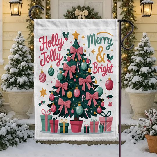 Holly Jolly Merry & Bright Yard Flag, Preppy Christmas Tree With Bow Flag, Vintage Cute Holiday Girl Gifts, Coquette Garden Decor, MYB770