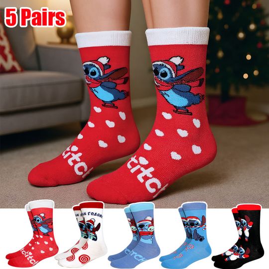 Discover 5 Pairs New Women Christmas Socks Cartoon Stitch Long Socks Winter Anime Creative Men‘s Socks Cosplay Outdoor Funny Couple Socks