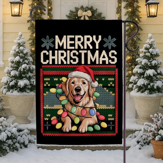 Discover Cute Merry Christmas Dog Yard Flag, Golden Puppy Holiday Festive Flag, Pet Lover Porch Outdoor Decor Xmas, Winter Knit Vintage Flag, MYB765