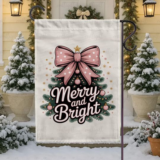 Discover Cute Pink Bow Merry Christmas Flag, Girly Holiday Tree Flag, Vintage Pine With Ribbon Preppy Home Decor, Winter Season Gift For Girl Friends