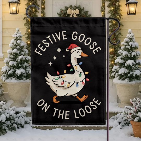 Festive Goose On The Loose Flag, Silly Goose Christmas Flag, Merry Duckmas Funny Flag, Xmas Lights Goosey Animal Lover Holiday Gift, MYB758