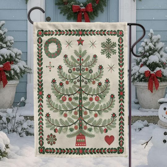 Midcentury Christmas Tree Flag, Winter Holidays Christmas Tree Flag, Classic Christmas Tree Garden Flag, Festive Holiday Tree Flag,MYE981