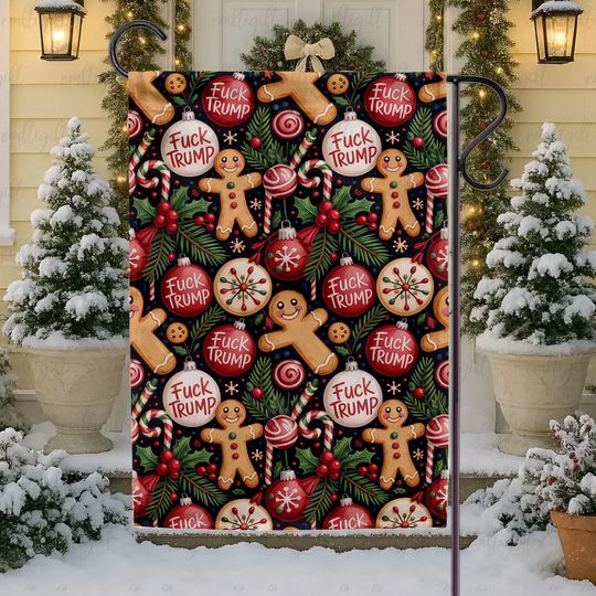Gingerbread Man Subtle FDT Christmas Flag, Winter Holiday Cookies Funny Flag, Anti MAGA Resist Trump Fascism Flag, Political Xmas Home Decor