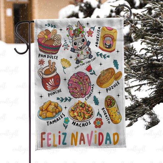 Feliz Navidad Mexican Christmas Flag, Conchas And Mexican Food Xmas Flag, Funny Donkey Navidad Yard Flag, Navidad Kitchen Food Flag, MYK001
