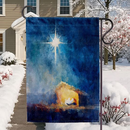 Catholic Nativity Night Garden Flag, Holy Night Christmas Outdoor Flag, Star Of Bethlehem Flag, Vintage Baby Jesus Yard Decor Flag, MYC937