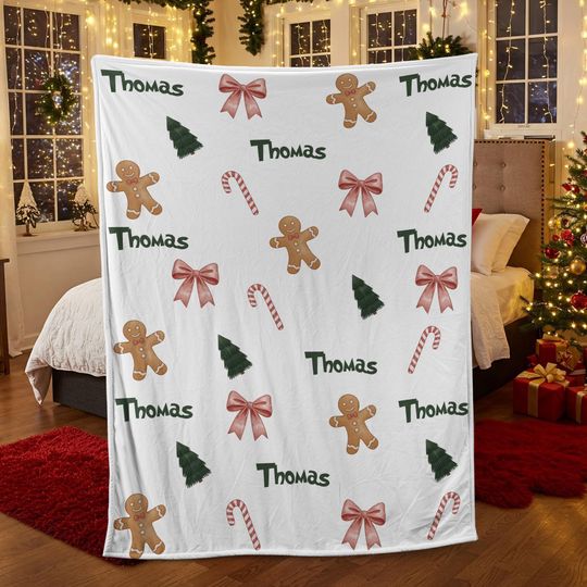 Discover Custom Name Christmas Fleece Blanket Gingerbread Candy Cane Throw