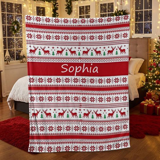 Discover Personalized Christmas Pattern Fleece Blanket with Custom Family Name, Cozy Holiday Throw, Seasonal Gift for New Home