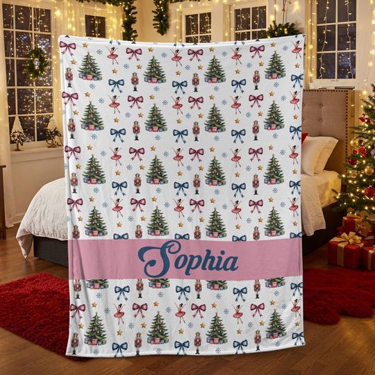 Discover Personalized Christmas Fleece Blanket with Name, Girly Nutcracker Ballet Throw, Cozy Holiday Home Decor Gift for Kids and Family