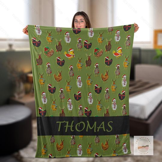 Discover Personalized Christmas Chicken Fleece Blanket, Custom Name Merry Chickmas Throw, Farmer Christmas Decor, Chicken Lovers Gift