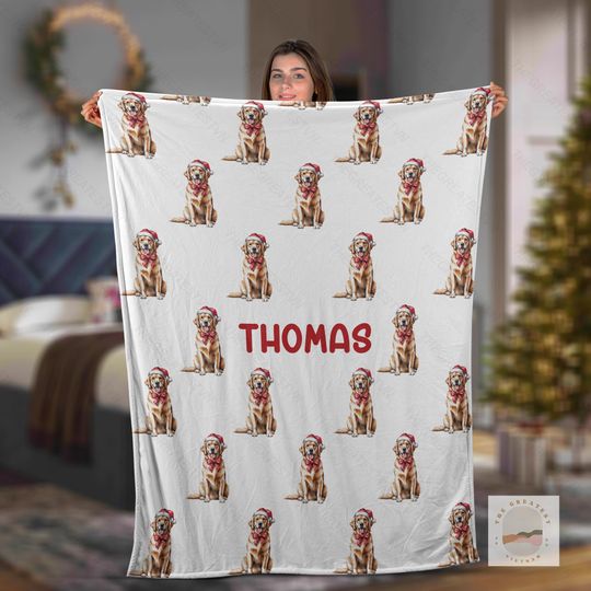 Discover Personalized Christmas Golden Retriever Fleece Blanket, Custom Dog Cozy Throw, Holiday Dog Gift, Christmas Eve Blanket