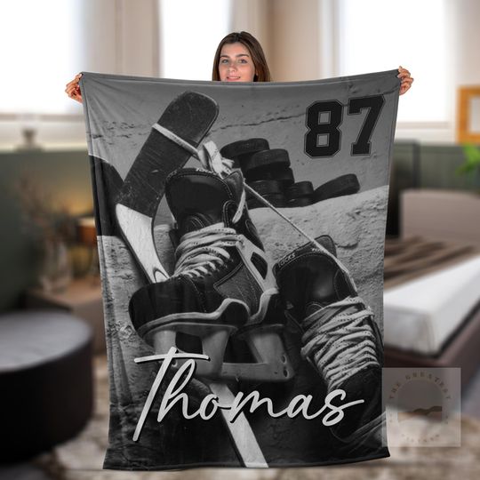 Discover Personalized Hockey Sherpa Fleece Blanket with Custom Name and Number