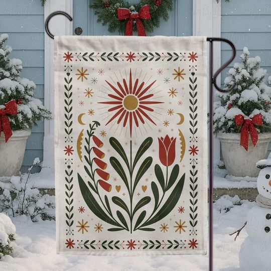 Discover Rustic Folk Flower Garden Flag, Boho Flower Yard Flag, Botanical Folk Art Banner, Red Gold Floral Decor, Whimsical Botanical Flag,MYE966