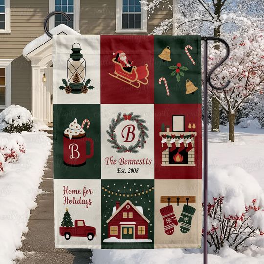 Discover Personalized Christmas Collage Family Flag, Festive Home Christmas Garden Flag, Santa Sleigh Family Flag, Vintage Holiday Yard Banner,