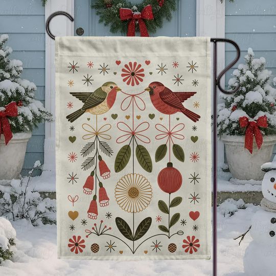 Discover Boho Birds Flowers Garden Flag, Whimsical Bird Yard Flag, Botanical Folk Art Flag, Rustic Floral Bird Flag, Earthy Folk Birds Flag,