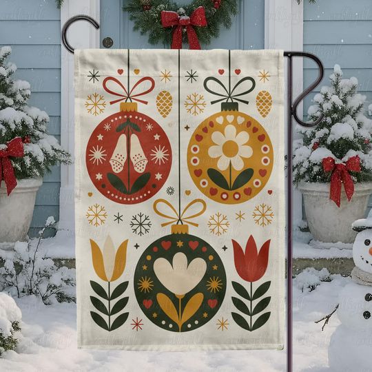 Discover Retro Festive Ornament Floral Flag, Festive Hanging Ornament Flag, Christmas Garden Flag Decor, Botanical Christmas Ornament Flag,
